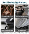 Sandblasting applications including rust removal, powder coating preparation, deburring metal parts, and surface etching.