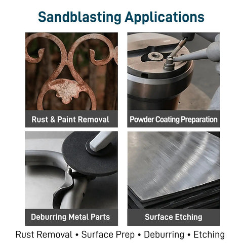 Sandblasting applications including rust removal, powder coating preparation, deburring metal parts, and surface etching.