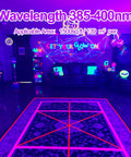 Room lit by Three Pack Led Black Light Bar Ultraviolet Lamp 385 To 400 Nanometers with glowing decor and vibrant purple hues.