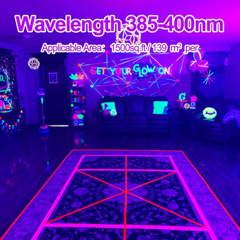 Room lit by Three Pack Led Black Light Bar Ultraviolet Lamp 385 To 400 Nanometers with glowing decor and vibrant purple hues.