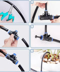 Heavy Duty 360 Degree Curved Garden Irrigation System setup with 49.2 ft bendable hose showing tubing connections and nozzle installation.