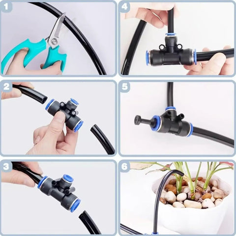 Heavy Duty 360 Degree Curved Garden Irrigation System setup with 49.2 ft bendable hose showing tubing connections and nozzle installation.