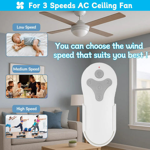 Remote Ceiling Fan Control Kit With 3 Speed Settings And Separate Light Dimmer, wall-mounted cradle, living room setting