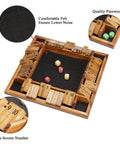 Shut The Box Dice Game On A Solid Wood Tabletop For 1 To 4 Players With 12 Dice, showcasing felt surface and pinewood details