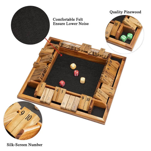 Shut The Box Dice Game On A Solid Wood Tabletop For 1 To 4 Players With 12 Dice, showcasing felt surface and pinewood details
