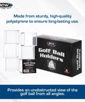 Clear Golf Ball Display Case for Collectors Two Piece Compact Polystyrene Shell Design Holds Six Balls shown with box