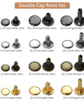 Double cap rivets in various sizes and colors including gunmetal, silver, bronze, and gold for Leather Hole Punch Set With 240 Rivets