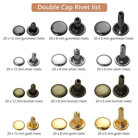 Double cap rivets in various sizes and colors including gunmetal, silver, bronze, and gold for Leather Hole Punch Set With 240 Rivets