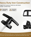 Heavy Duty Shed Door Hardware Kit With 6.5 Inch T Handle Lock Black Powder Coat 6 Anti Sag Hinges 2 Barrel Bolts For Outdoor Sheds Barns And Wooden Fence Gates Built Tough For Lasting Security And Easy Use, black iron handle close-up