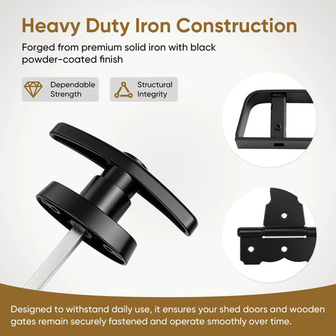 Heavy Duty Shed Door Hardware Kit With 6.5 Inch T Handle Lock Black Powder Coat 6 Anti Sag Hinges 2 Barrel Bolts For Outdoor Sheds Barns And Wooden Fence Gates Built Tough For Lasting Security And Easy Use, black iron handle close-up