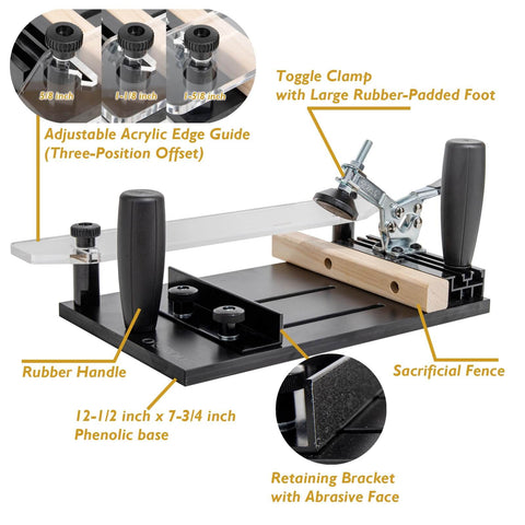 Pro Grade Rail Coping Sled Router Table Jig for cabinet doors with phenolic base, toggle clamp, and sacrificial fence
