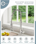 Kitchen Faucet With Pull Down Sprayer For Commercial Kitchens Built Tough Stainless Steel Single Handle Spring Design Brushed Nickel Finish Dual Function Spray Head High Arc 17 Inch Tall With 8 Inch Spout Reach shown installed on a kitchen sink