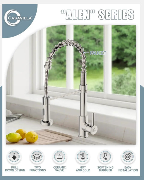 Kitchen Faucet With Pull Down Sprayer For Commercial Kitchens Built Tough Stainless Steel Single Handle Spring Design Brushed Nickel Finish Dual Function Spray Head High Arc 17 Inch Tall With 8 Inch Spout Reach shown installed on a kitchen sink