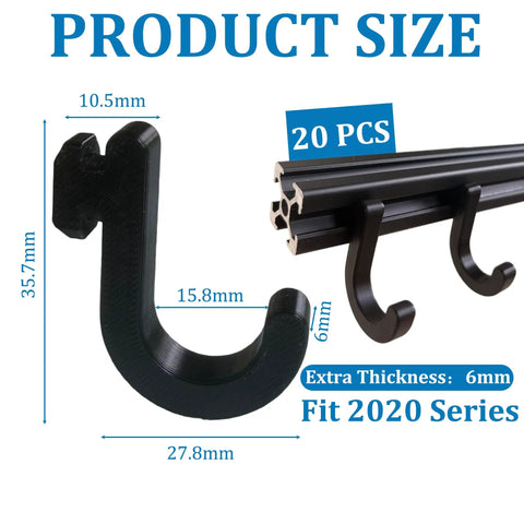 20Pcs 2020 Series T Slot Aluminum Profile Hooks for 6mm Euro Standard Extrusion Black Hanging Rails, 27.8mm size