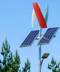 100W Vertical Axis Wind Turbine with Smart Controller and Permanent Magnet Generator in blue, white, red on pole with solar panels