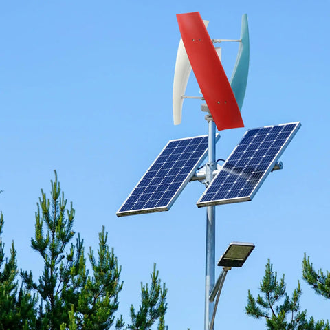 100W Vertical Axis Wind Turbine with Smart Controller and Permanent Magnet Generator in blue, white, red on pole with solar panels