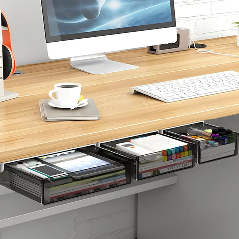 Premium Under Desk Drawer Storage Set With Three Attachable Slide Out Trays For Office And Home Keep The Desktop Hella Tidy Hidden Organizer with pens and notebooks