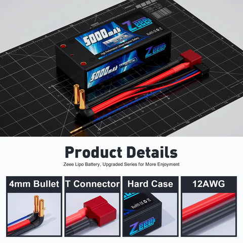 2S Shorty Lipo Battery 5000mAh 7.4V 100C Hard Case with 4mm Bullet to T Connector shown on a grid with product features