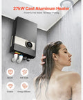 Tankless Electric Water Heater Delivers Instant Hot Water Under Sink For Bathroom Cabinet Or Kitchen Counter Featuring No Sweat Installation in a shower setting.