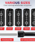 2-In-1 Lug Nut Removal Tool And Impact Socket Set With 1/2 Drive, showing various socket sizes from 17 mm to 21 mm.