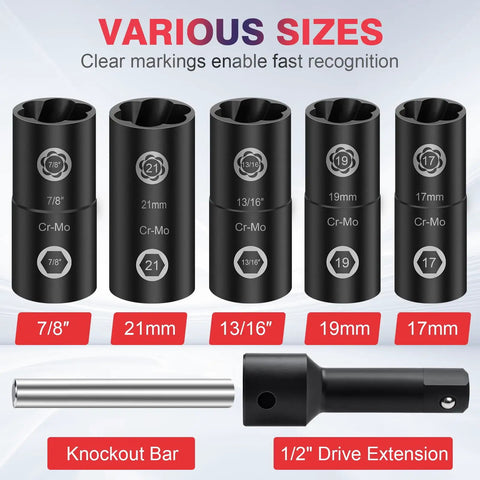 2-In-1 Lug Nut Removal Tool And Impact Socket Set With 1/2 Drive, showing various socket sizes from 17 mm to 21 mm.