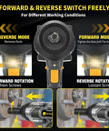 Heavy Duty Cordless Impact Wrench Packing 2200Nm Of Badass Torque To Rip Through Truck Tire Lug Nuts Fast showing forward and reverse switch features.