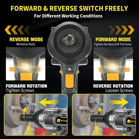 Heavy Duty Cordless Impact Wrench Packing 2200Nm Of Badass Torque To Rip Through Truck Tire Lug Nuts Fast showing forward and reverse switch features.