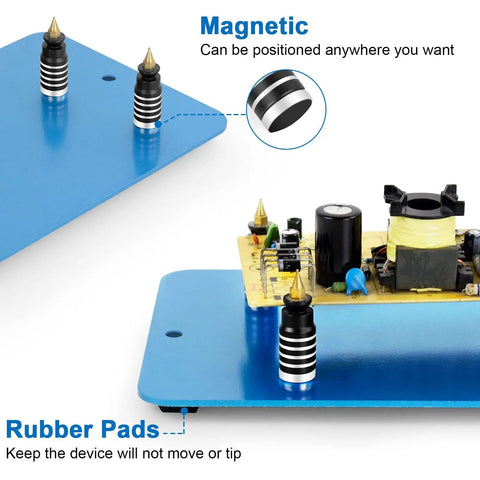 Close-up of Helping Hands Soldering Station Kit With Vise Clamp Third Hand Adjustable PCB Pillar Holders on blue base