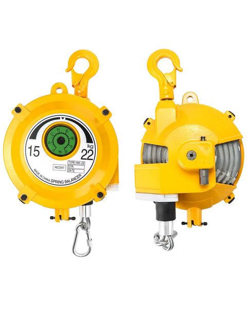 Front and side view of Spring Balancer 33-49 Lbs Tool Balancer With Adjustable Retractable Holder, yellow steel housing.