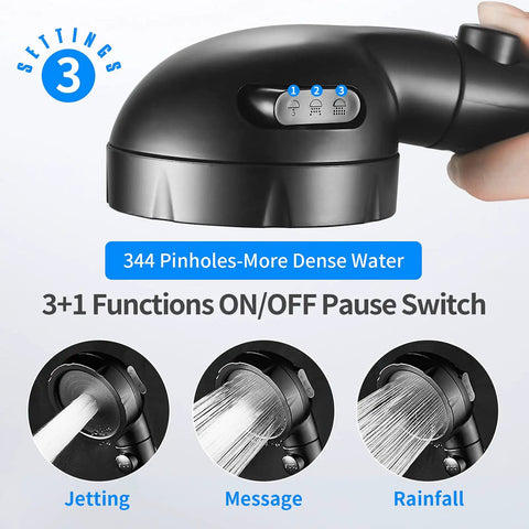 High Pressure Handheld Shower Head With 3 Spray Modes And On Off Pause Button Water Saving RV Shower Kit with hose, black finish