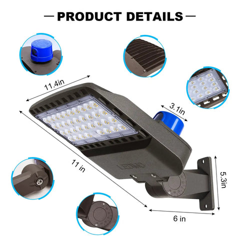 LED Parking Lot Light 150W Outdoor Floodlight 19500 Lumens Dusk To Dawn Black IP65 Weatherproof Housing dimensions