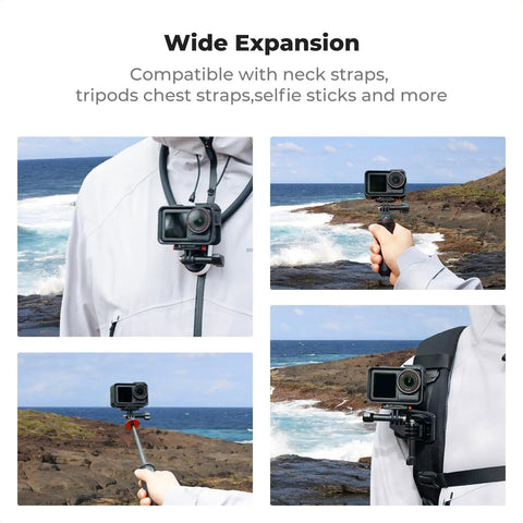 Person using Magnetic Quick Release Adapter Mount For DJI Osmo Action 3 4 5 Pro Two Pack with head strap and tripod near coast