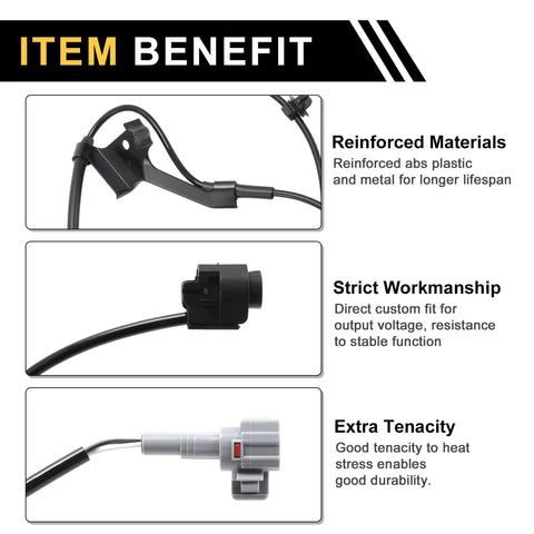 ABS wheel speed sensor for Toyota Tacoma (2005-2015), front right; black sensor with wiring harness and plug.