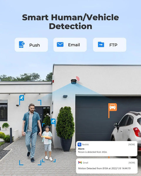 4K Ultra HD PoE Security Bullet Camera for home surveillance, showing human vehicle detection, installed on garage front