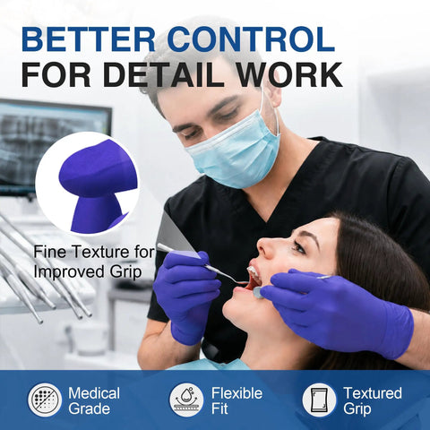 Rock Solid Dark Blue Nitrile Exam Gloves 100 Pack Powder Free And Latex Free Medical Grade Disposable Gear in use by dentist.