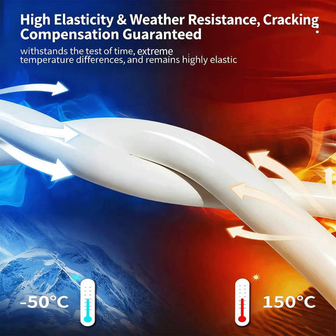 Outdoor Silicone Sealant For Crack Repair And Weatherproofing Waterproof Heat And Stretch Resistant, demonstrating temperature range from -50°C to 150°C.