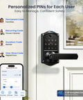 Genuine Matte Black Smart Lever Lock Boasting Hella Fast AI Fingerprint Unlock And Smooth App Control Keypad Entry close-up view with keypad and app settings.