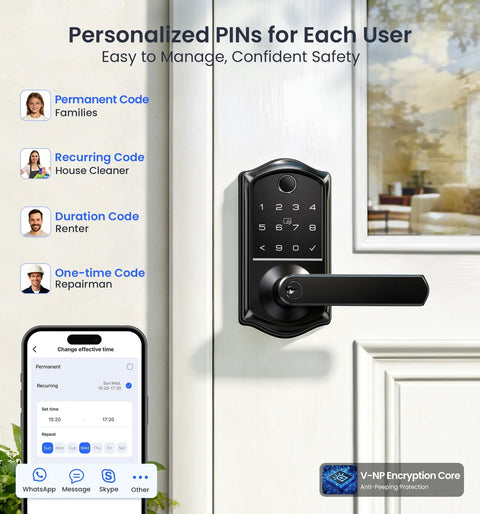 Genuine Matte Black Smart Lever Lock Boasting Hella Fast AI Fingerprint Unlock And Smooth App Control Keypad Entry close-up view with keypad and app settings.