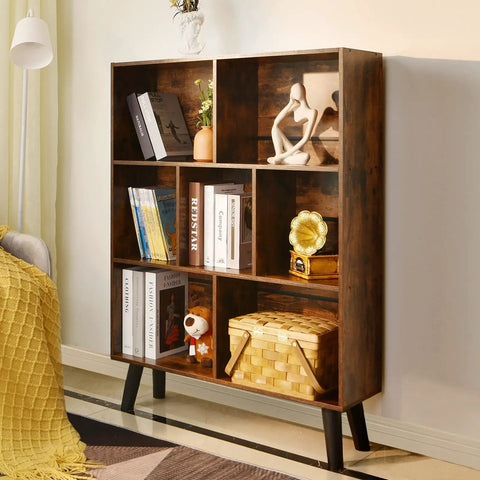 Three Tier Cube Bookshelf With Legs In Rustic Brown Mid Century Modern Style Dope Space Saving Open Bookcase With Retro Wood Look