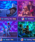 Lit 5 In 1 Galaxy Projector For Bedroom with various uses: sleeping, romance, music time, and gaming, showing light effects.