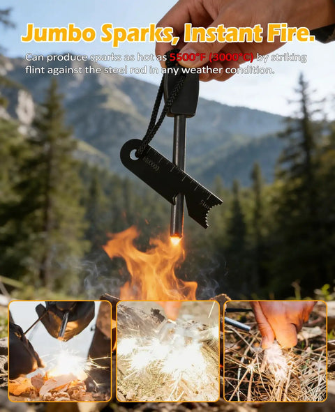 5 In 1 Fire Starter Kit For Outdoor Gear With Ferro Rod Flint And Steel Emergency Whistle Credit Card Multitool Compass And Waterproof Tinder creating fire