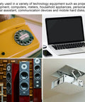 Collage of vintage rotary phone, laptop, audio speakers, and ceiling projector mount setup.
