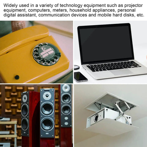 Collage of vintage rotary phone, laptop, audio speakers, and ceiling projector mount setup.