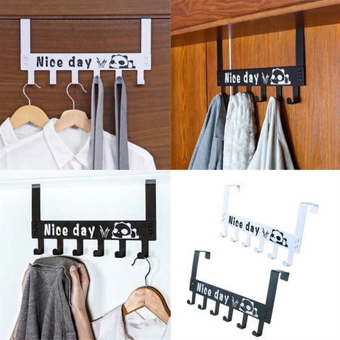 Heavy Duty 6 Hook Wall Mounted Metal Coat Rack Cabinet Door Hanger System For Hallway Bathroom And Kitchen Versatile Towel Organizer With No Sweat Quick Install in black and white displaying coats and accessories.