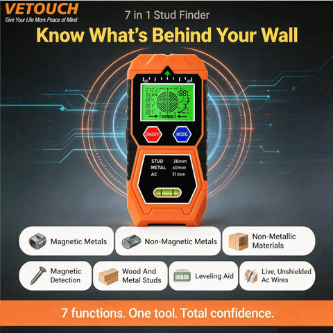 No Sweat 7 In 1 Wall Scanner And Stud Finder That Sniffs Out Wood Metal AC Wire And Iron Fasteners Behind Drywall Features Bright LCD Screen Instant Audio Chirp Integrated Bubble Level And Bullseye Precision For Flawless Diy Upgrades