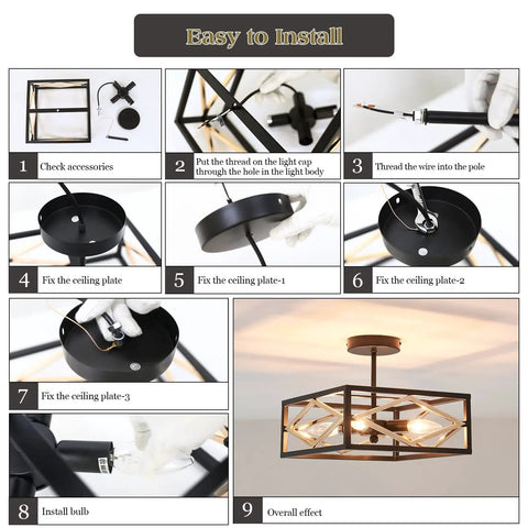 4 Light Semi Flush Mount Black And Gold Ceiling Light Vintage Metal Farmhouse Cage Chandelier Fixture For Kitchen Dining Room Living Room Bedroom And Entryway Modern Retro Style Lighting
