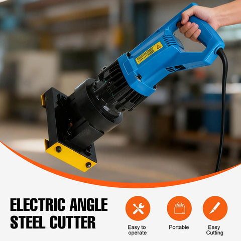 Top Notch 1400W Portable Electric Hydraulic Angle Cutter Fast Cuts Steel Angle Iron And Aluminum Plates With Precision Beveling Up To 45 Degrees, held in hand, showcasing portability.