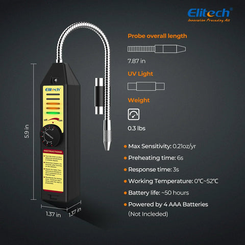 Front view of Elitech WJL-6000S freon leak detector with gooseneck probe; black body and yellow status panel