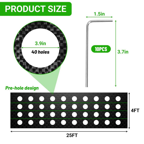 Dimensions of Heavy Duty Landscape Fabric With Planting Holes 4 By 25 Feet Ground Cover For Gardens, with 40 pre-cut holes and 10 pins.