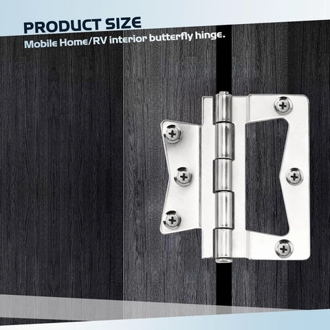 Stainless steel non-mortise butterfly hinge installed on dark wood door with mounting screws